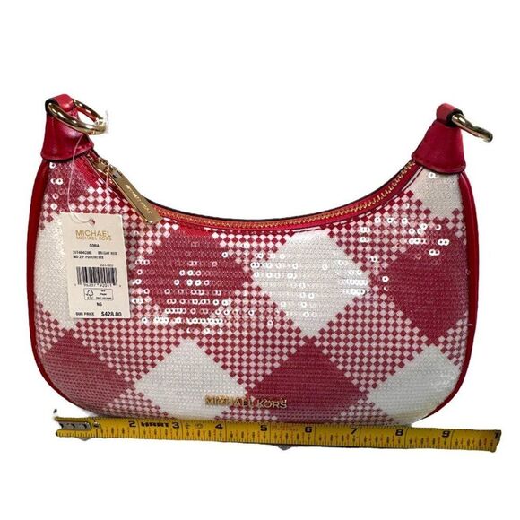 Michael Kors Cora Bright Red Sequin Plaid Medium Zip Pouchette w/ Strap NEW $428 - Picture 3 of 11
